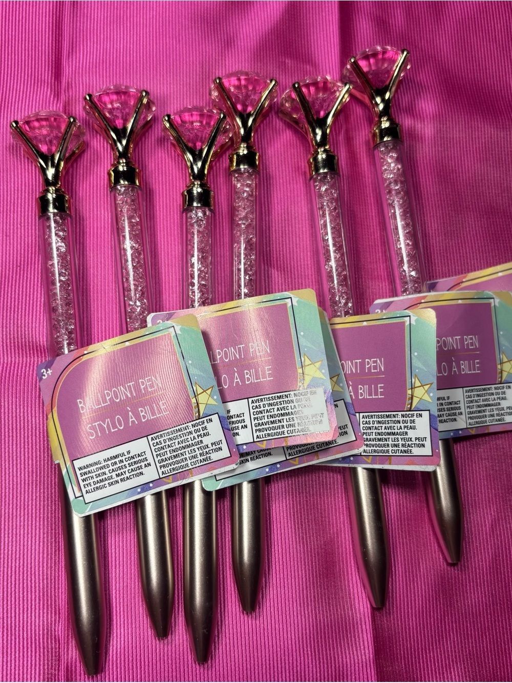 6 New Set of Pink Gem Top Ballpoint Pens